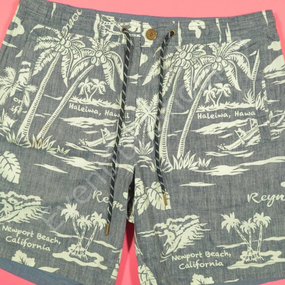 Reyn Spooner Shorts Mens M Blue Reversible Hawaiian Stretch Drawstring - Picture 1 of 8